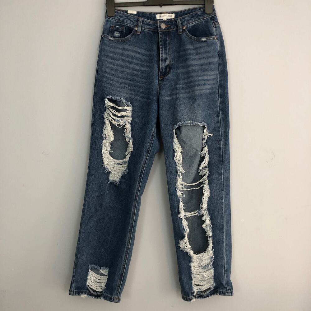Almost Famous Distressed High-Rise Jeans Womens 9 Med Wash Ripped Relaxed